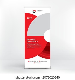 Roll-up Banner Design, kreativer Stand für Konferenzen, Werbung für Waren und Dienstleistungen, moderne flache Stil, Banner für Seminare.