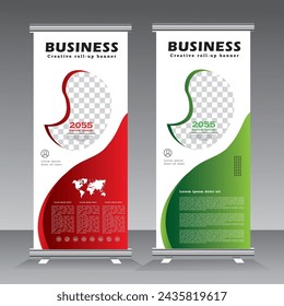 Diseño de banner enrollable, stand creativo para conferencias, plantilla de banner de espacio de imagen, publicidad de bienes y servicios, estilo plano moderno, banner para seminarios. Enrollamiento de color rojo y verde,