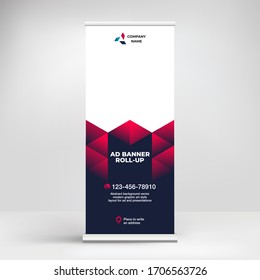 Roll-up banner design, creative template for advertising, presentations, exhibitions, composition of abstract triangles