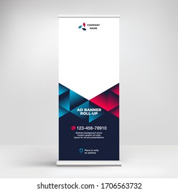 Roll-up banner design, creative template for advertising, presentations, exhibitions, composition of abstract triangles