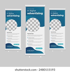 Roll-up-Banner-Design mit sechseckigen Formen, Kunstwerken, Mustern und einem Bild. Editierbare Vektorgrafik-Kollektion der vertikalen Vorlage, moderner Ständer und Fahnen-Banner.