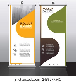 Rollup banner design with geometric shapes and vibrant colors, perfect for business presentations and promotional events.