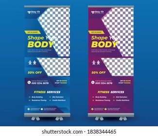 Rollup Banner Design for gym, fitness club, healthcare, Modern fitness & gym rollup template, Fitness Gym Rollup Banner Template, gym and fitness banner promotion ad template, 