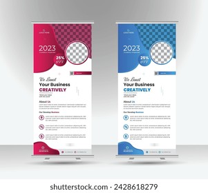Roll-up banner design template including a contemporary x-banner, rectangular measurements, vertical arrangement, and abstract backdrop.