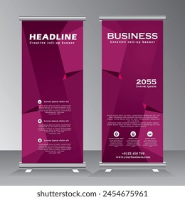 Roll-up banner design template, layout for conferences, presentations, promotions and events, modern abstract graphic style with purple, vector eps 10