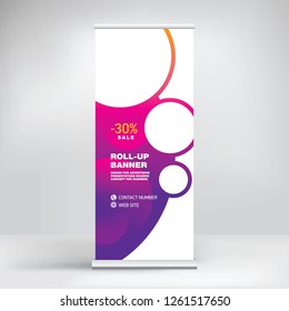 Roll-up banner design, template  for placing advertising information. Layout for exhibitions, presentations, conferences, seminars. Fashionable graphic background with a gradient