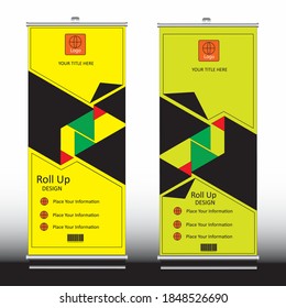 Roll-up banner design with triangular designs of colorful effect suitable for any kind of promotional purposes, company advertising banner, sales promotion notice, rollup banner with rolling mockup   