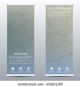 Roll-up banner for presentation and publication. Medicine, science, technology and business templates. Structure of molecular particles and atom. Polygonal abstract background
