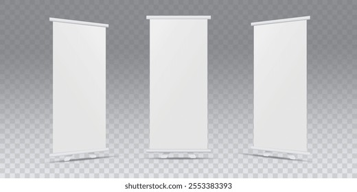Roll-up banner stand isolated on a transparent background. Vector blank display set mockup template for product presentation or exhibition