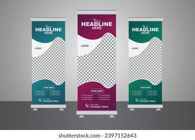 Roll-up banner stand template design, Three gradient colorful layout, pull-up banner, business flyer, display, x-banner, flag-banner, infographics, presentation, and polygon background