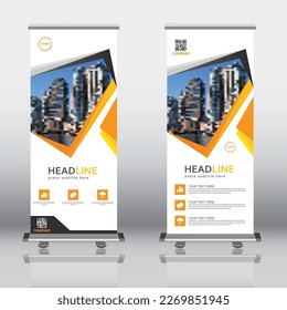 Roll-up banner, stand vector. Graphic template for posting photos and text decoration of exhibitions, conferences, seminars, advertising, business concept.