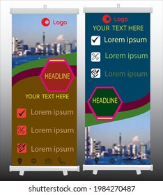 Roll-up banner stands isolated on transparent background. Vector empty white show display mock-up for presentation or exhibition of your product.