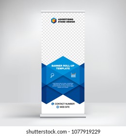 Roll-up banner template, advertising stand design. Layout for seminars, presentations, conferences, promotions, placement of photos and text, creative blue geometric background