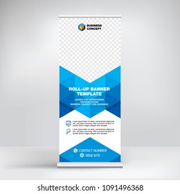 Roll-up banner template, advertising stand design. Layout for seminars, presentations, conferences, promotions, placement of photos and text, creative geometric background