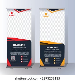 Banner-Vorlagenpaket für Rollup-Banner. 3d, Werbung, Hintergrund, Werbesignatur-Standard Vektorgrafik-Layout Roll-up Banner Design-Vorlage, Business-Banner-Layout. Set zur Unternehmensfortbildung. Standedesign
