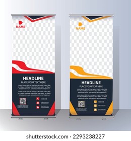 Banner-Vorlagenpaket für Rollup-Banner. 3d, Werbung, Hintergrund, Werbesignatur-Standard Vektorgrafik-Layout Roll-up Banner Design-Vorlage, Business-Banner-Layout. Set zur Unternehmensfortbildung. Standedesign