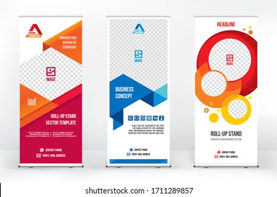 Plantilla de banner de lanzamiento, un conjunto de soportes portátiles modernos para publicidad, banner para presentaciones, conferencias, exhibiciones, banner móvil para promoción de productos y publicidad
