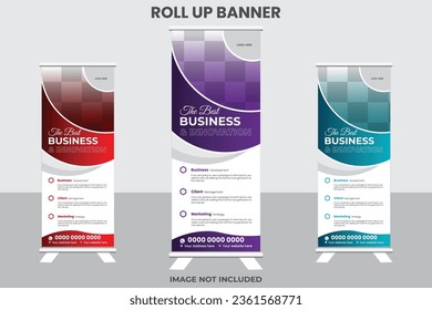 Roll-up banner template, a set of modern portable stands roll-up for advertising, banner for presentations, conferences, exhibitions, mobile banner for product promotion and advertising.

