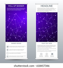 Roll-up banner templates for presentation and publication structure of molecular particles and atom polygonal abstract background vector illustration