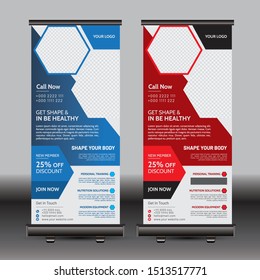 roll-up banner with Vector. Template for business and advertising, a sample for the gym.