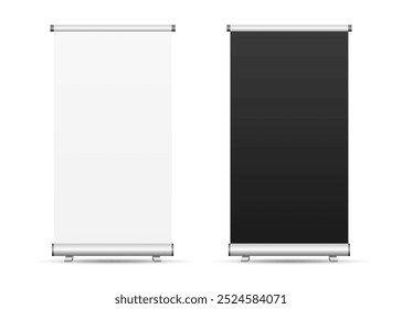 Conjunto de banners Roll-Up. Flip Chart para treinamento ou apresentação promocional. Publicidade billboard, maquete de cartaz branco e preto. Suportes de publicidade móvel deslizante. Ilustração vetorial