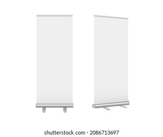 Roll-Up banners set. Vector realistic Mock-up. Vertical templates for branding, conferences, exhibitions, shows. Mobile classic advertising stands on legs isolated on white. EPS10.