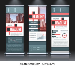 Rollup banners template set with three isolated vertical roll bending infographical stands with diagrams text captions vector illustration