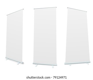 Roll-up blank white display realistic vector illustration.