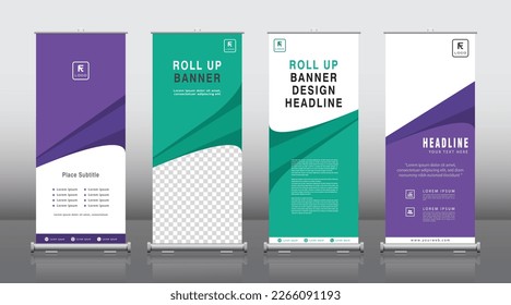 rollup brochure banner design template vector, green and purple vertical banner, flyer, presentation, leaflet, j-flag, x-stand, x-banner, exhibition display, Business Roll Up Set