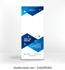 Roll-up design, geometric blue background for photos and text, creative design for presentations and conferences, seminars