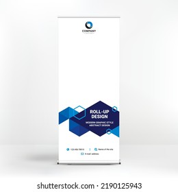 Roll-up design, geometric blue background for photos and text, creative design for presentations and conferences, seminars