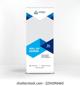 Roll-up design, geometric blue background for photos and text, creative design for presentations and conferences, seminars