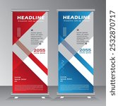 Roll-up design, geometric blue and red background roll up banner , Vertical banne design for presentations and conferences, seminars, event, welcome, partry, promotion, company conferance, exhibition,