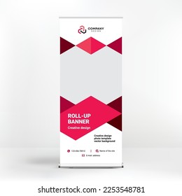 Roll-up design, geometric red background for photos and text, creative design for presentations and conferences, seminars