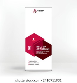 Roll-up design, geometric red background for photos and text, creative design for presentations and conferences, seminars