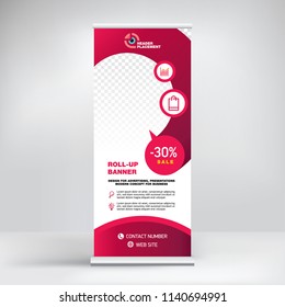 
Roll-up design, modern graphic style, banner for advertising goods and services, stand for exhibitions, presentations, conferences, seminars. Abstract red background for posting photos and text.