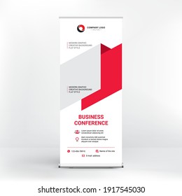 Roll-up design, red abstract geometric background, layout for placement of photos and text