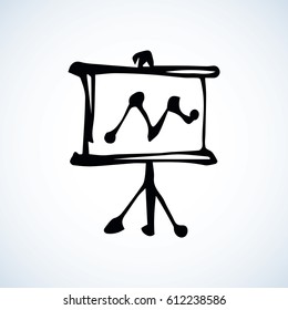 Roll-up desk stand for video projector. Web ui line emblem. Freehand outline black ink hand drawn picture logo sketchy in art retro scribble style pen on paper. Closeup front view with space for text