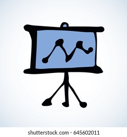 Roll-up desk stand for video projector. Web line emblem. Freehand outline black ink hand drawn picture logo sketchy in art retro scribble style pen on paper. Closeup front view with space for text