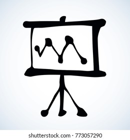 Roll-up desk stand for video projector. Web ui line emblem. Line black ink hand drawn whiteboard picture logo sketchy in art retro scribble style pen on paper. Closeup front view with space for text
