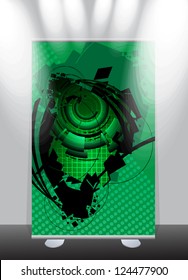 A roll-up display with stand banner template design, vector illustration.