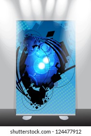A roll-up display with stand banner template design, vector illustration.