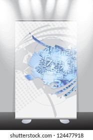 A roll-up display with stand banner template design, vector illustration.