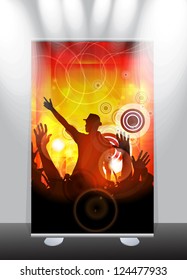 A roll-up display with stand banner template design, vector illustration.