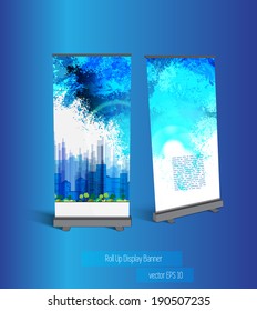 Roll-up display with stand banner template design, vector illustration.
