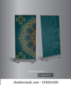 Roll-up display with stand banner template design, vector illustration. 