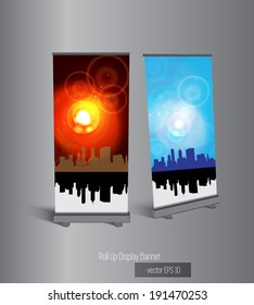 Roll-up display with stand banner template design, vector illustration. 