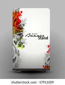 a roll-up display with stand banner template design, vector illustration.