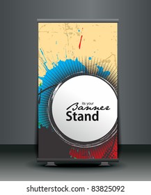 a roll-up display with stand banner template design, vector illustration.