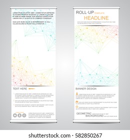 Roll-up vertical banner for presentation and publication. Abstract background. Medicine, science, technology and business templates. Molecule structure of DNA and neurons. Vector illustration.